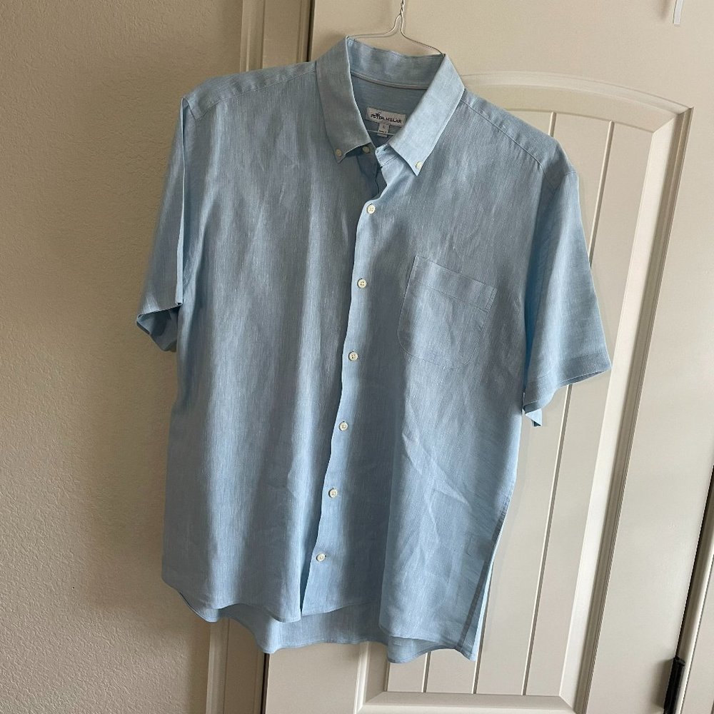 Linen Peter Millar Large Light Blue Short Sleeve Button Down